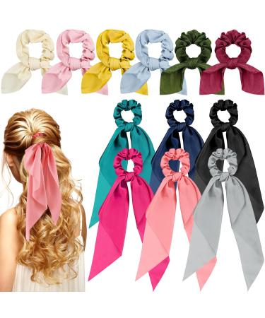 12 Pieces Hair Scarf Scrunchies Hair Bow Scrunchies for Girls Women Hair Scrunchies with Bow Bunny Ear Satin Bowknot Elastic Hair Bands Bow Hair Ties Ponytail Holders (Classic Pattern, Fresh Color) 12 Count (Pack of 1) Fre…