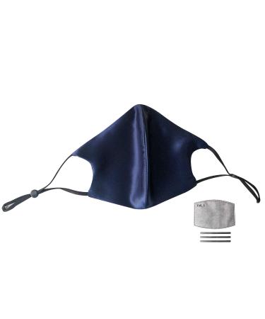 Hugs Living 100% Mulberry Silk Face Mask with Filter Pocket and Adjustable Ear Loops 4 Pieces Nose Wire and 1 Piece Filter are included (Navy Blue)
