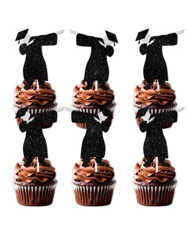 18pcs Black Glitter Graduate Boy Dessert Cupcake Topper Congrats Grad 2024 Theme Decorations 2024 Preschool High School College Graduation Party Decor Supplies
