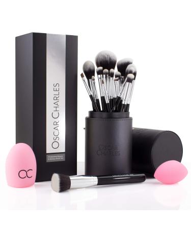 Oscar Charles 17 Piece Professional Makeup Brush Set: Award Winning Make up brushes with Case Beauty Blender Brush Cleaner Product Guide and Gift Box Silver