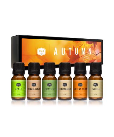 Autumn Set of 6 Premium Grade Fragrance Oils - Brown Sugar, Apple, Harvest Spice, Vanilla, Forest Pine, Snickerdoodle - 10ml