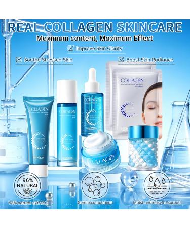 Collagen Skincare Set for Women 7Pcs Face Care Kit with Cleanser Toner Serum Eye Cream Face Cream & Masks Hydrating Firming & Nourishing Routine Gentle for All Skin Types Great Gift Idea blue 7Pcs - Buy Online on GoSupps.com