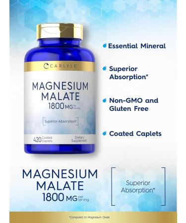 Carlyle Magnesium Malate | 1800mg | 420 Coated Caplets | Vegetarian Non-GMO Gluten Free Supplement - Buy Online on GoSupps.com