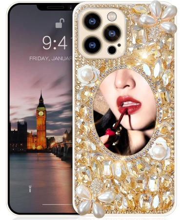 Cavdycidy Designer iPhone 13 Pro Max Mirror Case with Bling Gemstone - Gold Gems | Luxury 3D Glitter Sparkle Diamond Phone Case for Women - Buy Online on GoSupps.com
