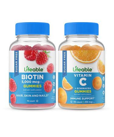 Lifeable Sugar Free Biotin + Vitamin C Gummies Bundle - Great Tasting Vitamin Supplement Gluten Free GMO Free Chewable Gummy