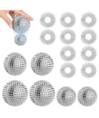Fysl 6 pieces Magnetic Acupressure Balls & 10 pieces Massage rings for fingers Spiked massage ball hedgehog ball massage magnetic acupressure balls for stress relief or massage (SLIVER)