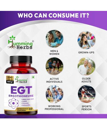 Humming Herbs EGT Supplement 6in1 Complex of 10 mg Ergothioneine 100 mg ALA 100 mg CoQ10 6 mg PQQ Curcumin (95% Curcuminoids) 4 mg Astaxanthin Longevity Essential 320mg 60 Veg Caps - Buy Online on GoSupps.com
