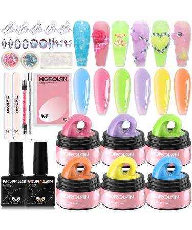 Morovan Solid Builder Gel for Nails - 6 Colors Solid Builder Gel Nail Kit Non Sticky Builder Gel For Nails Extension and 3D Structure Gel for Solid Builder Nail Gel with Base Coat Top Coat Glitter Powder Rhinestones