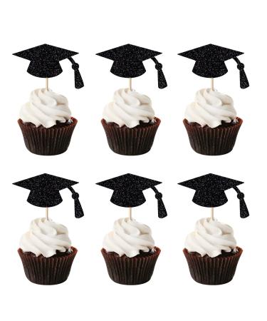 Leetaivie 24pcs Graduation Cupcake Topper - Black Glitter Graduation Cap Graduation Diploma Cupcake Topper- Class Of 2023 Graduation Party Cake Decorations