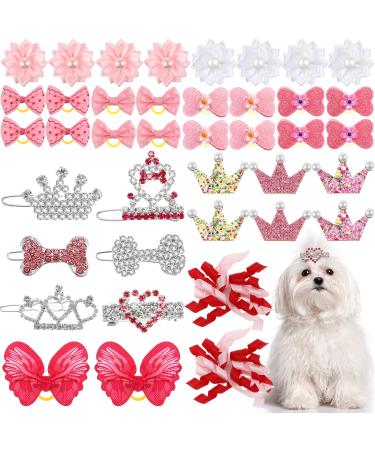 Janinka 40 Pieces Dog Hair Clips and Dog Hair Bow Crown Dog Accessories Princess Style for Small Dogs Crystal Rhinestone Girls Puppies Barrette Rubber Bands Flower Butterfly Grooming Hair Accessories