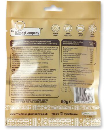 Peri Peri Sliced Biltong 1 x 50g (50g) Natural Spicy Beef Biltong by The Biltong Company High in Protein & Keto Diet-Approved Lean Biltong Spiced Meat Snack Like Jerky - Buy Online on GoSupps.com
