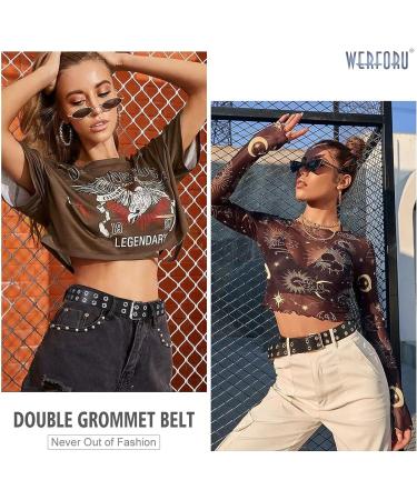 Double Grommet PU Leather Punk Belt for Women Men - 1.5 Wide 2 Hole Belts - A-Black - Fits Waist Up to 34 - Buy Online on GoSupps.com