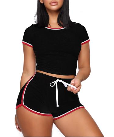 WIHOLL Womens Casual 2 Piece Short Sleeve Outfits Sets Summer Sexy Active Tracksuits Black X-Large