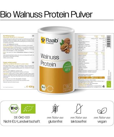 Raab Vitalfood Organic Walnut Protein Powder - 45% Plant-Based Protein Vegan 420g | Pure & Natural Superfood - Buy Online on GoSupps.com