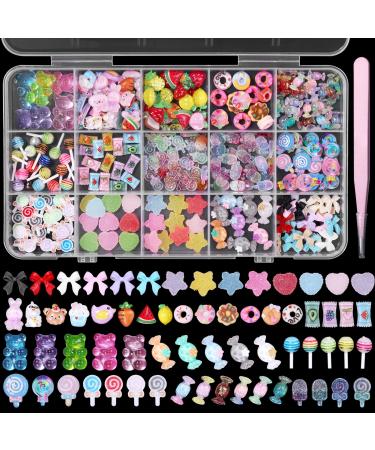 3D Candy Acrylic Nail Charms Multi Color Cartoon Cute Gummy Bear Fruit Lollipop Candy Donut Pastry Ice Cream Heart Star Bows Nail Art Charms for Nail Art DIY Crafts Accessories