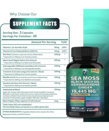 Organic Sea Moss Capsules - 60 Count | Wildcrafted Irish Sea Moss Bladderwrack Burdock Root & More for Digestive Skin & Joint Health - Buy Online on GoSupps.com