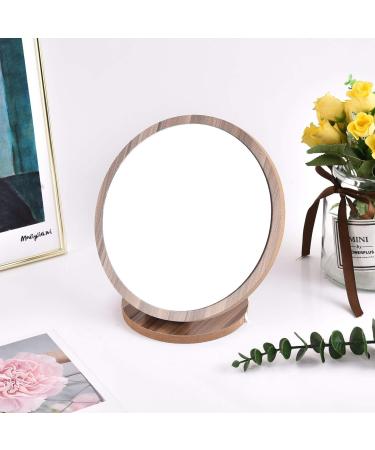 YOOMEISHALY Wooden 360-degree Rotating Single-Sided Desk Makeup Mirror Portable Detachable Small Mirror Bedroom Bathroom Countertop Simple Makeup Mirror Wood Grain Folded circle-L