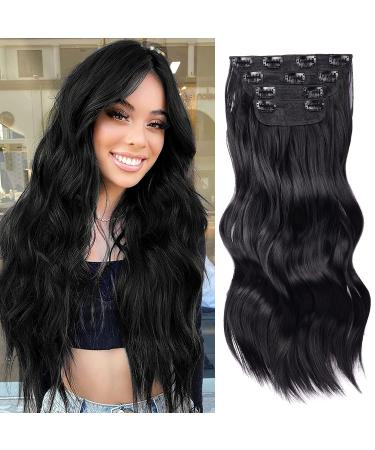Dylanm Black Hair Extensions  4PCS Long Wavy Synthetic Clip in Hair Extensions  20 Inch Double Weft Thick Hairpieces for Women(Natural Black 1B) 20 Inch Natural Black 1B