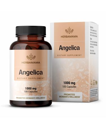 HERBAMAMA Angelica Capsules - Digestive Health, Heart & Blood Circulation Herbal Supplement - Stress Support & PMS Relief for Women w/ Dong Quai Root - Gluten Free, Vegan, Non-GMO - 1000mg 100 Caps