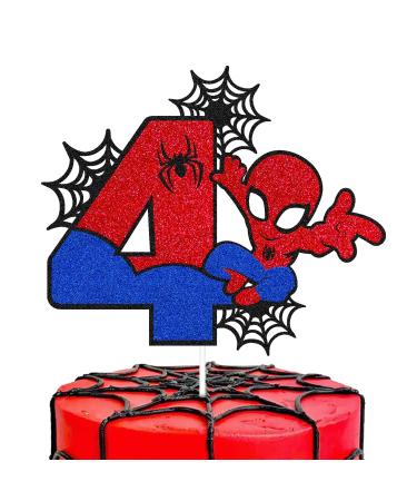 Spider 4th Birthday Cake Topper Spider Cartoon Movie Themed Happy 4s Birthday Cake Decorations for Men Boy Children Four Bday Party Supplies Double Sided Glitter Black Décor