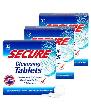 Secure Anti-Plaque Cleansing Tablets pH Formula Removes Odors, Stains, Bacteria, Germs - Deeply Clean Dentures, Partials, Nightguards, Retainers in 5 Minutes - 96 Tablets (3 Pack) 32 Count (Pack of 3)