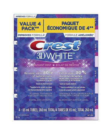 Crest 3D White Whitening Toothpaste Radiant Mint 65 mL (Pack Of 4) ( Packaging May Vary ) Mint 3D White