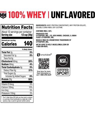 Muscle Milk 100% Whey Protein Powder - Unflavored - 1lb - 25g Protein - NSF Certified - Packaging May Vary - Buy Online on GoSupps.com