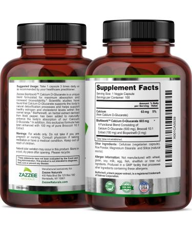 Zazzee BioAbsorb Calcium D-Glucarate 500mg Capsules with BioPerine & Broccoli Extract - Vegan, Non-GMO - Buy Online on GoSupps.com