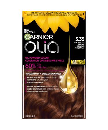 Garnier Olia Permanent Hair Dye Ammonia-Free Hair Color 5.35 Chocolate Brown 100% Grey Coverage Long-Lasting Hair Shine With 60% Oils 1 Application BROWN SHADES 5.35 Chocolate Brown