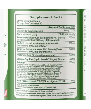 vitaxmin NAD Resveratrol Supplement 200mg with Berberine NAC Collagen - Nicotinamide Riboside NMN NADH CoQ10 Biotin Hyaluronic Acid - Hair Skin Nails Supplement - 60 Capsules - Buy Online on GoSupps.com