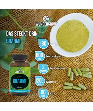 Wundergr n Organic Brahmi Capsules - 180 Vegan Bacopa Monnieri Capsules | 600mg Each 1200mg Daily Dose | Organic Certified Herbal Supplement - Buy Online on GoSupps.com