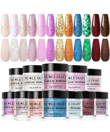 NICOLE DIARY Acrylic Powder System - 12 Colors Glitter Acrylic Nail Powder for 3D Manicure, Nail Extension, French Nails, No Nail Lamp Needed 12 Colors Glitter Series
