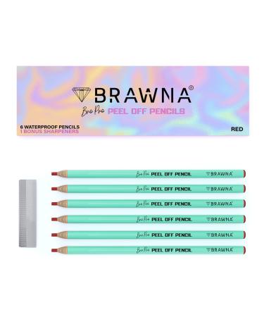 BRAWNA 6 Pcs Pro Lip Pencils with 1 Sharpener - Durable Waterproof Peel Off Lip Pencil - PMU Lip Blush Supplies - Red 6 Pack Red