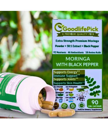 GoodlifePick Premium Moringa Capsules with Black Pepper. Moringa Oleifera Powder & 50:1 Moringa Extract for Maximum Benefits 90ct All Natural NonGMO No Rice Powder No Stearate No Silicon Vegan - Buy Online on GoSupps.com