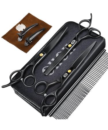 CIICII Dog Grooming Scissors Kit 7.8 Inch Professional Pet Grooming Scissors Set (Dog/Cat Hair Thinning Trimming Cutting Shears) with Curved Scissors for DIY Home Salon (Heavy Duty-Black-9Pcs) 7.8 Inch Dog Grooming Scissors Black Dog Grooming Scissors