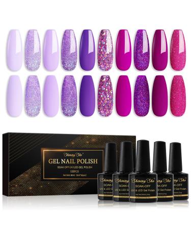 Shining She UV nail polish 10 colors glitter violet purple lavender series spring pastel gel nail polish set soak-off uv gel nail polish suitable for beginners art salon diy 8ml