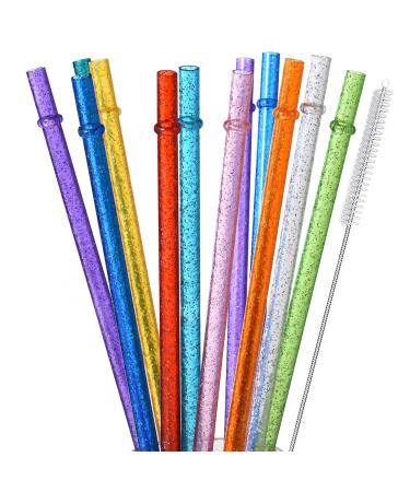 ALINK 12-Pack Glitter Reusable Clear Plastic Straws, 11" Long Hard Tumbler Drinking Straws with Cleaning Brush (10 Colors) 11 Inch (Pack of 12)