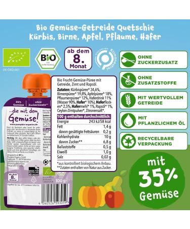 Pumpkin Organics Bio Vegetable Cereal Quets - Baby Food (8x100g) | No Added Sugar Vegetarian 8+ Months - Pumpkin Pear Apple Plum Oats - Buy Online on GoSupps.com