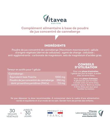 VITAVEA WELL-BEING - Cranberry Fruit Extracts - Urinary Sphere - Concentrated Formula 37.5 mg PACs - 30 Vegetable Capsules - Made in France - Buy Online on GoSupps.com