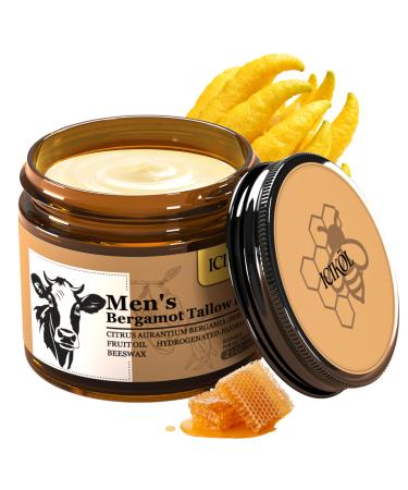 ICIKOL Beef Tallow Honey Balm Grass-Fed Tallow Moisturizer for Face & Beard Deep Hydration Cream with Bergamot Scent Handmade Natural After Shave Care for Men 2.1 oz