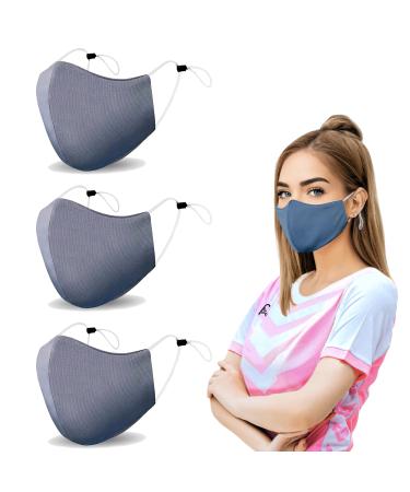 Breathable Gray Cool Moisture Wicking Face Masks, Washable, Lightweight, Reusable Comfort Fashion Sport for Women Men Teens 3 pack