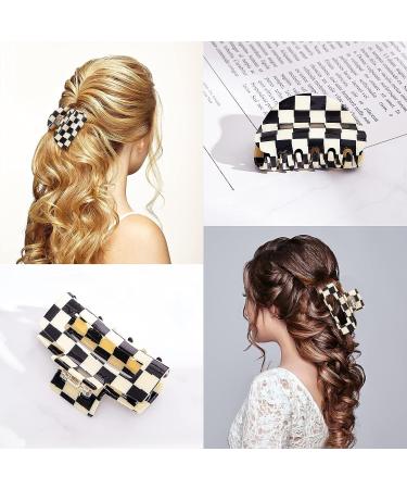 Checkered Hair Claw Clips Set - Non Slip Large Rectangular Barrettes for Women & Girls - 80's Hair Accessories (Black/White) - Buy Online on GoSupps.com