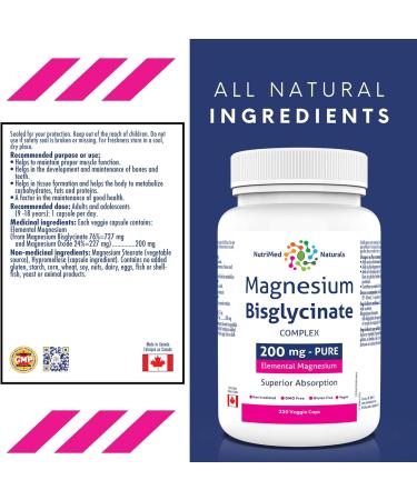 Nutrimed Naturals Magnesium Bisglycinate 200mg - 230 Caps for Muscle & Bone Health Sleep Support - 3rd Party Tested & Made in Canada - Buy Online on GoSupps.com