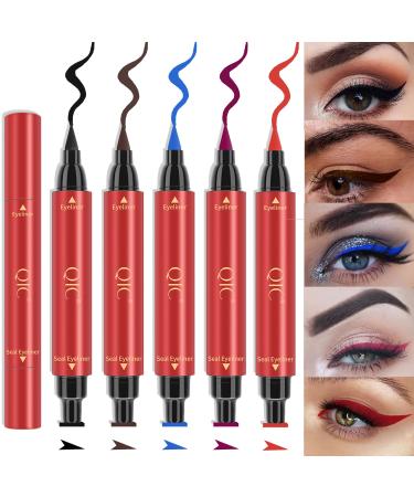 Winged Colored Eyeliners Liquid liner Pencil Wing Stamp Set - NEW 5 Colors Black Brown Purple Blue Red liquid Stamp Eyeliner Winged Pencil for All Eye Shapes Eye Cat Liners Stamp for Women Waterproof