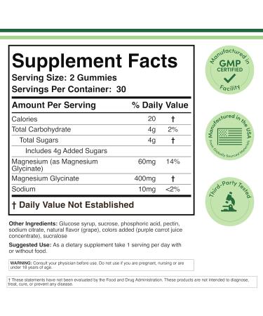 Magnesium Glycinate Gummies (400mg per Serving 30 Day Supply Grape Flavored) High Absorption Magnesium Supplement for Adults or Kids by Double Wood Supplements - Buy Online on GoSupps.com