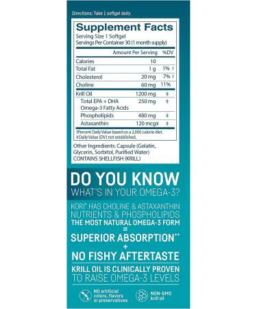 Kori Antarctic Krill Oil Omega-3 1200mg Max Strength - 30 Softgels, Heart Brain Joint Eye Skin & Immune Support, Superior Absorption, No Fishy Burps - Buy Online on GoSupps.com