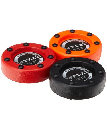Mylec Hockey Pucks for Outdoor Hockey, Made with PVC, Hockey Stuff with Graphite Reinforced Shaft & Nylon Glides, Training Pucks for Street Hockey (110gm, Pack of 3-Black, Orange & Red)