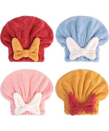Efficieint New Super Absorbent Hair Towel Wrap Microfiber Hair Towel Wrap Quick-Drying Thickened Soft Bow Tie Hair Towel Wrap Dry Turban for Women Long Hair (4Pcs)