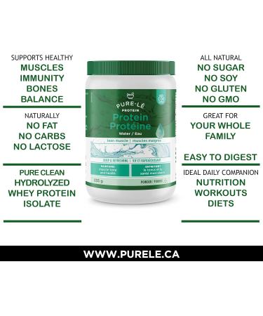 Pure-le Protein Water - Virtually Taste Free Non-Thickening All Natural Zero Carbohydrate - 100% Grass-Fed Hydrolysed Whey Protein Isolate Pastured Raised Lactose-free Hormone Free Soy Free GMO Free Gluten Free - Made in Canada Water (Unflavoured) - Buy Online on GoSupps.com