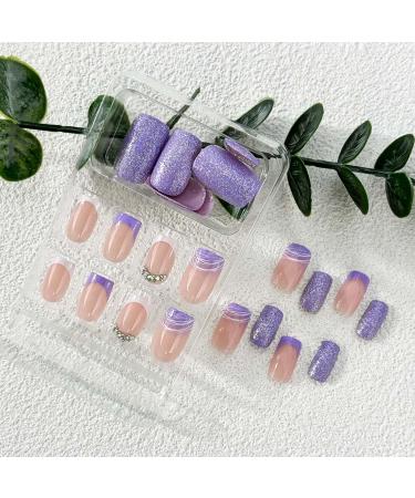 Buy Purple Press on Nails | Medium Square French Tip with Glitter & Rhinestones | 24Pcs Glossy Full Cover Stick-On Acrylic Nails for Women & Girls - Buy Online on GoSupps.com